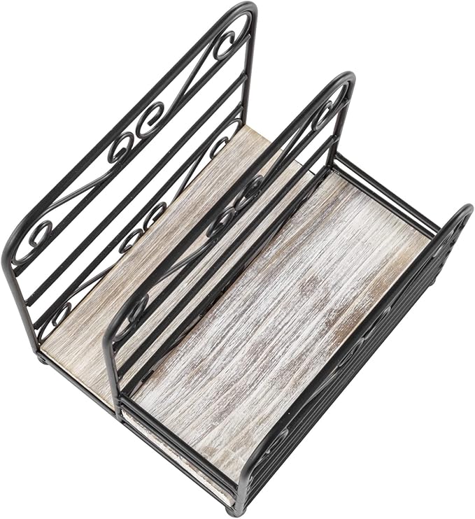 MyGift 2-in-1 Disposable Napkin and Salt & Pepper Caddy, Black Metal Vintage Scrollwork Dinner Table Paper Towel Condiment Holder with Shabby White Washed Solid Wood Base