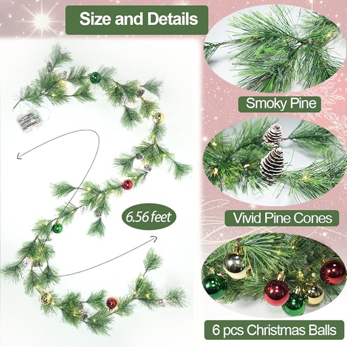 Christmas Garland Lights with Christmas Balls 6.56FT 30 LED Fairy Lights Battery Operated Smokey Pine Garlands with Pine Cones Greenery Garland Wreath for Xmas Tree Holiday Home Mantle Door Decoration