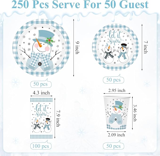 250 Pcs Christmas Snowman Paper Plates and Napkins Party Supplies Blue White Buffalo Plaid Winter Disposable Tableware Set for Christmas Winter Holiday Xmas Party Decoration