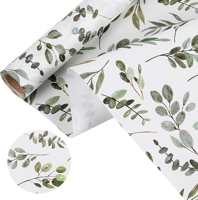 WRAPAHOLIC Kraft Wrapping Paper - Mini Roll - 17 Inch x 16.5 Feet - Eucalyptus Leaves Wrapping Paper for Wedding, Birthday, Bridal Shower, Tea Party, Drawer Liners, Home Closet Shelves