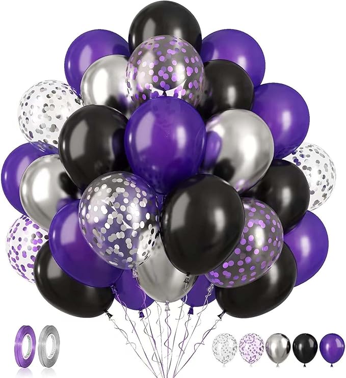 60PCS Purple Black and Silver Balloons,10 inch Purple Black and Silver Balloon Arch Kit Birthday Decorations,Suitable for Birthday Wedding,Halloween Party Decorations