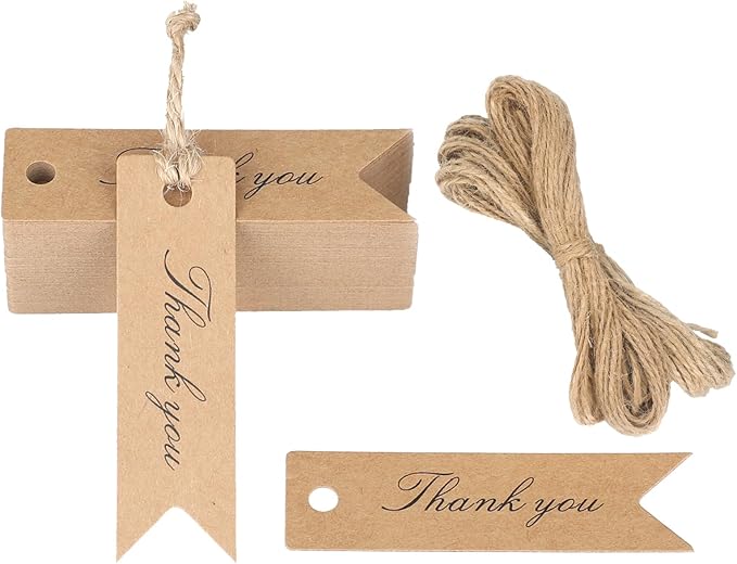 G2PLUS Mini Thank You Tags, 100PCS Small Gift Tags with String, Paper Hang Tag, Kraft Paper Gift Tag with Jute Twine for Arts and Crafts, Wedding, Christmas, Thanksgiving (Brown)