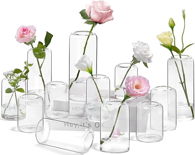 ZENS Bud Vases in Bulk Set of 12, Modern Small Glass Vases for Flower Clear Bud Vases for Wedding Centerpiece, Blown Thicker Small Vase for Flowers, Wedding Party Decorative, Home Bathroom Decor