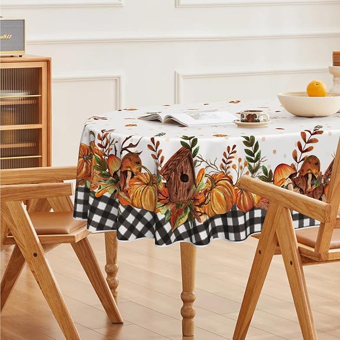 Horaldaily Fall Tablecloth 60×84 Inch Oval, Thanksgiving Autumn Harvest Pumpkin Mushroom Black Buffalo Plaid Table Cover for Party Picnic Dinner Decor