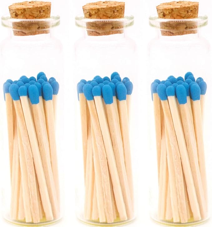 River Birch Decorative Matches in a Bottle with Striker - Cute & Colored Matches - 3 Bottles, Cobalt Tip, 60 Matches