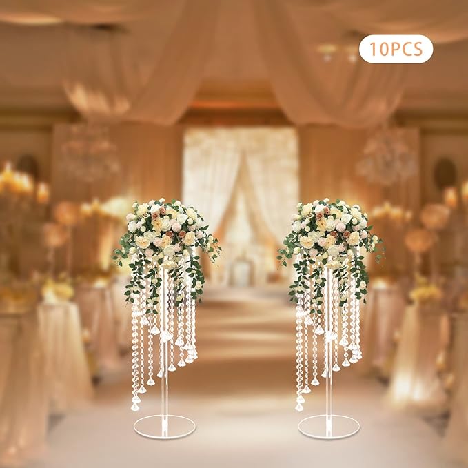 Wedding Centerpieces Gold Vases,10PCS Metal Flower Candle Holder with Sparkling Crystal Beads,Crystal Flower Vase Metal Flowers Stand for Party Tables Decorations (23.6inch Slivwer)