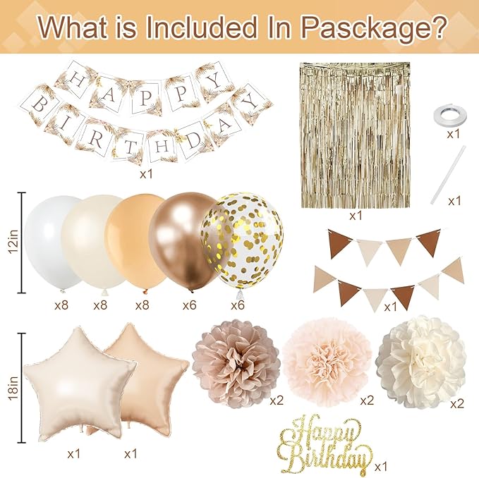 Beige Brown Birthday Decorations for Women, Gold Neutral Cream Sand White Party Balloon Kit with Boho Happy Birthday Banner Fringe Curtain Background Pom Pom Cake Topper for Boy Girl Men Bday Supplies