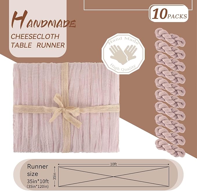 10 Packs Cheesecloth Table Runner Dusty Pink, 10Ft x 35" Gauze Boho Wedding Table Runner Decoration, Wedding Table Decor Table Cloth for Wedding Party Bridal Shower Table