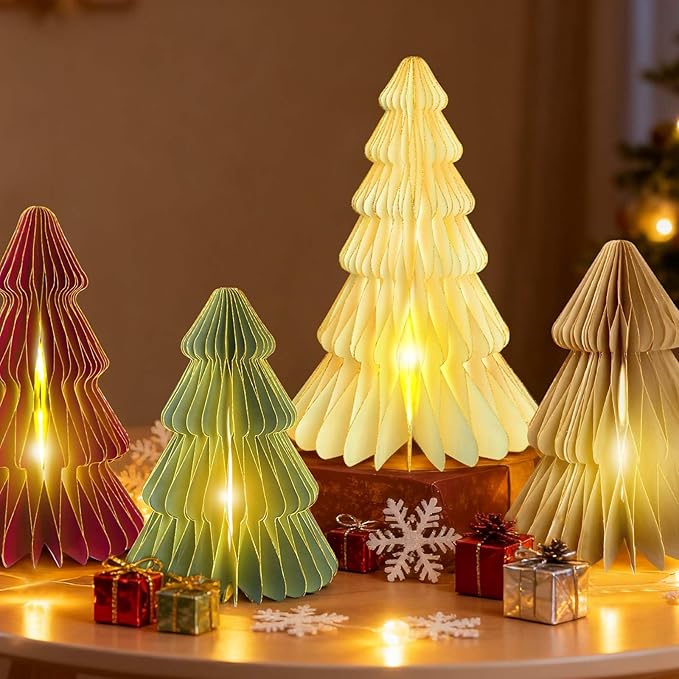 5Pcs Christmas Table Decorations Indoor, 3D Honeycomb Paper Christmas Trees, Light Up Green Red Beige Vintage Table Centerpieces for Christmas Winter Wonderland Holiday Party Home Decor, 8/10/12 Inch