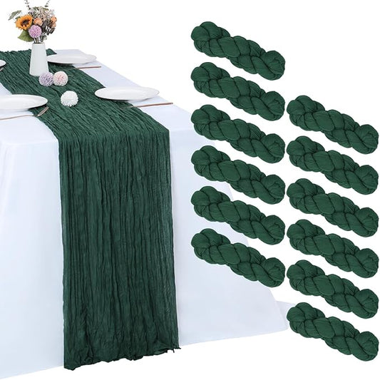 12 Pack Christmas Table Runner Emerald Green Cheesecloth Table Runner 10FT Boho Gauze Fabric 35 x 120 Inch Rustic Runner for Centerpiece Wedding Decor Baby Shower Party Table Decoration