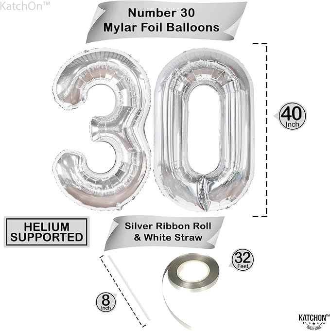 KatchOn, Silver 30 Balloon Numbers - 40 Inch | 30 Number Balloons | 30th Birthday Decorations for Her, Him | 30th Anniversary Decorations | Silver Birthday Decorations