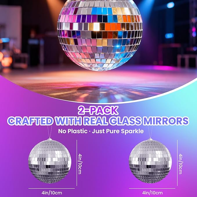Disco Ball 4" Inch 2-Pack,Silver Hanging Ball with Attached String for Ring,Reflects Light,Fun Party Home Bands Decorations,Party Favor.