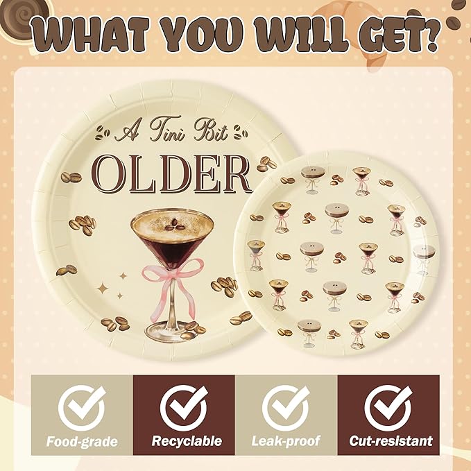 Martini Bow Party Decoration - Serves 24 -112Pcs A Tini Bit Older Party Supplies, Espresso Martini Cocktail Coffee Disposable Plate Napkin Fork Tablecloth Banner Card, for Bar Birthday Wedding