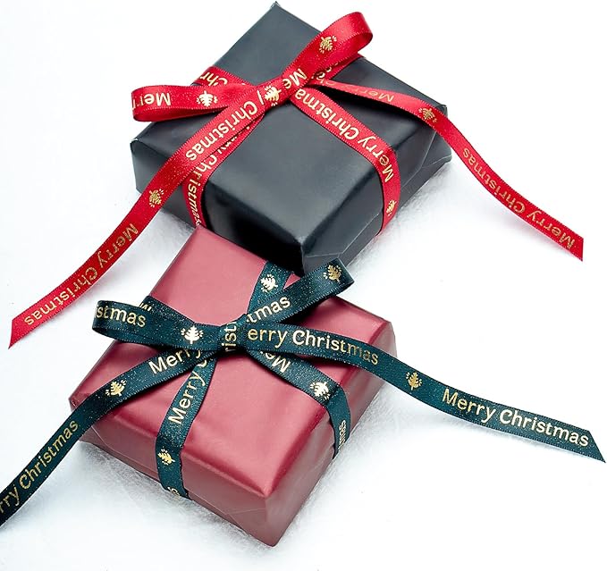Christmas Ribbon,Red Satin Ribbon with Gold Pattern,Use for Christmas Craft,Gift Wrapping,Home Decor,3/8 Inches Total 50 Yards,Red/Green/Gold (Red, 3/8 inch*50 Yard)