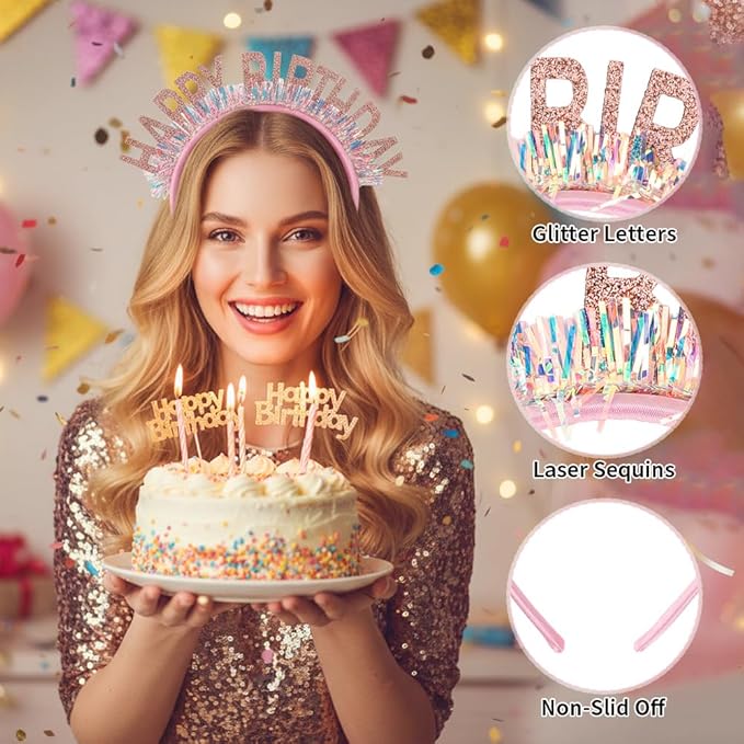 Birthday Headband Tiara, Happy Birthday Headband Tiara Accessories for Women, Rose Gold Tiaras Crown Accessories Decorations Party Favors for Girl Princess