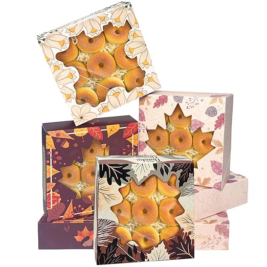 qiqee Thanksgiving Cookie Boxes with Window Fall Maple Leaf Bakery Treat Box for Fall Harvest Wedding Thanksgiving Party Supplies (30packs 8x8x2.5)