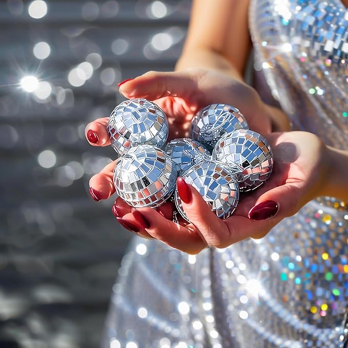 46 PCS Disco Mirror Ball Reflective Mini Glass Hanging Decorations Assorted Silver 6 Inches Large Disco Ball for Wedding Dance Music Ballroom Hall Props Club Stage Backdrop Props (4 inch)