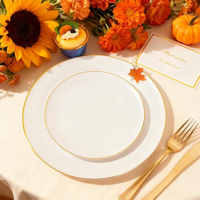 KIRE 175PCS Gold Plates Disposable - Heavy Duty White and Gold Plastic Plates Dinnerware Sets - 25 for Dinner 25 for Dessert 25 Pre Rolled Napkins and 25 Cups for Birthday/Thanksgiving Party/Wedding