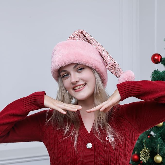 Personalized Sequin Santa Hat for Adults, Pink Glitter Christmas Party Hat, Xmas Halloween New Year Holiday Festive Headwear