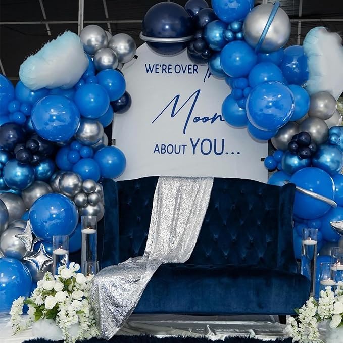 Blue Silver Balloons Set, 12 Inch Blue and Silver Balloons Dark Navy and Confetti Party Latex Balloon, Macaron Metallic Baby Blue Mixed Balloon for Birthday Graduation Baby Shower Wedding Retirement
