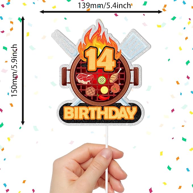 Barbecue Cake Topper Teen BBQ Theme 14th Birthday Happy Sausage Kebab Decoration, Boy and Girl Birthday Party, Summer Outdoor Picnic Party, Anniversary Friend Family Gathering Cooking Grill Decoration