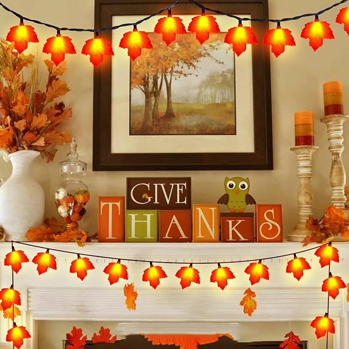 Abeja Fall Decor Maples Leaf String Lights, 8.5Ft Fall String Lights Plug in with 10 LED Orange Leaves Lights, Orange Thanksgiving Lights for Thanksgiving Decor, Indoor Outdoor Decorations