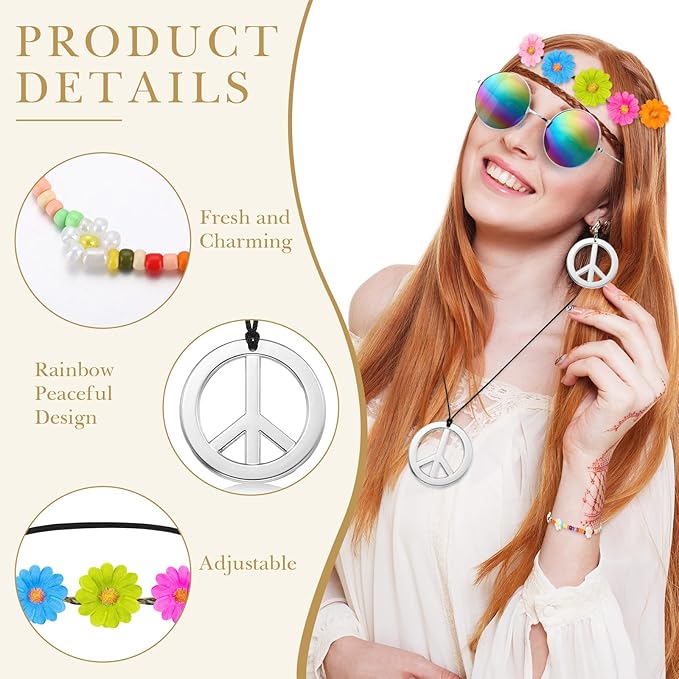 Batiyeer 6 Pcs Hippie Costume Accessories Set, Boho Peace Sign Daisy Flower 60s 70s Party Favors Decor for Groovy Party Women(Sliver)