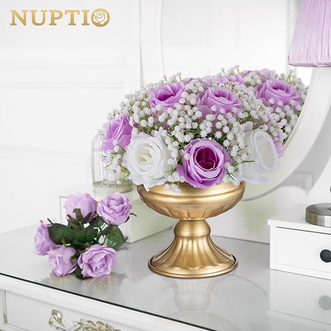 NUPTIO Flower Ball Arrangement Bouquet: 10 Pcs 8.6 inch Diameter Lilac Rose Fake Babys Breath Artificial Flowers for Wedding Centerpiece Event Party Tables Decorations