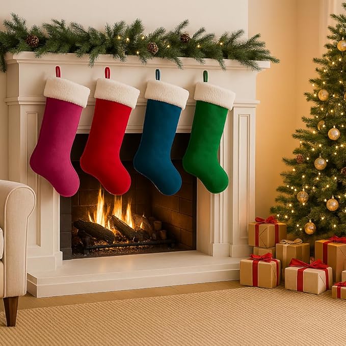 4Pack Christmas Stockings 20 Inches Large Merry Christmas Stocking Holiday Party Decor Hanging Tree Fireplace Mantle (4, Multi-Large)