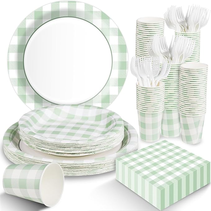 Sage Green Gingham Disposable Plates and Napkins Party Supplies, Green and White Tableware Set Green Plaid Paper Plates for Birthday Family Dinner Picnic BBQ Baby Shower Wedding Decor Serves 25