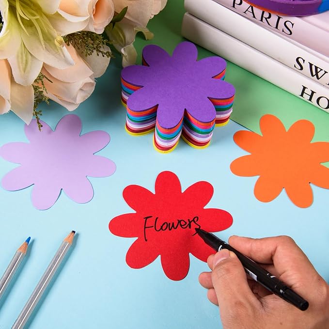 MixTeach 200 Pcs Colorful Flower Cutouts Paper Daisy Shape Cut-Out Summer Flower Die Cuts 4 Inch Bulletin Board Decorations with Glue Points for Classroom Back to School Office Wall Decor DIY Craft