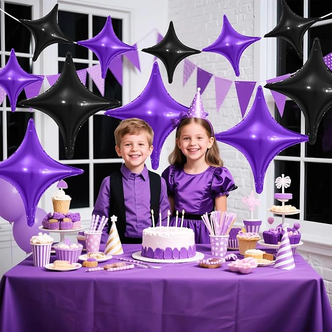 Black Purple Star Balloons,12Pcs Four Angle Star Foil Balloons,26Inch and 10Inch Black Purple Quadrangle Helium Balloon for Halloween Birthday Baby Shower Anniversary Party Decorations