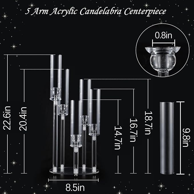 10Pcs Acrylic Candelabra Centerpieces for Wedding,5 Arm Clear Candelabra Table Centerpiece Acrylic Candle Stick Holders with Removable Lampshade for Party Easter Fireplace Decor Fit 0.8 LED Candle