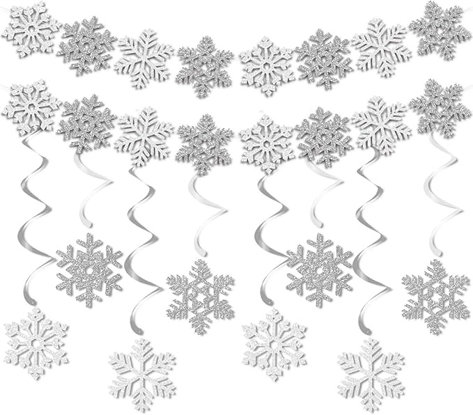 Snowflake-Snow White-Silver Christmas Party-Decoration Garland - 24PCS Frozen Winter Wonderland Ornaments Hanging Paper Streamers,New Years Birthday Holiday Classroom Ceiling Decor Burgleda
