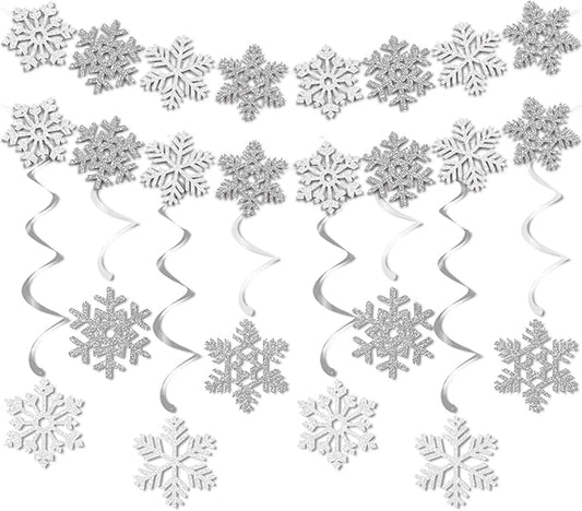 Snowflake-Snow White-Silver Christmas Party-Decoration Garland - 24PCS Frozen Winter Wonderland Ornaments Hanging Paper Streamers,New Years Birthday Holiday Classroom Ceiling Decor Burgleda