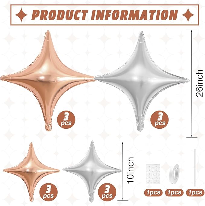 Rose Gold Silver Star Balloons,12Pcs Four Angle Star Foil Balloons,26Inch and 10Inch Rose Gold Silver Quadrangle Helium Polyester Film Balloon for Birthday Anniversary Wedding Party Decorations