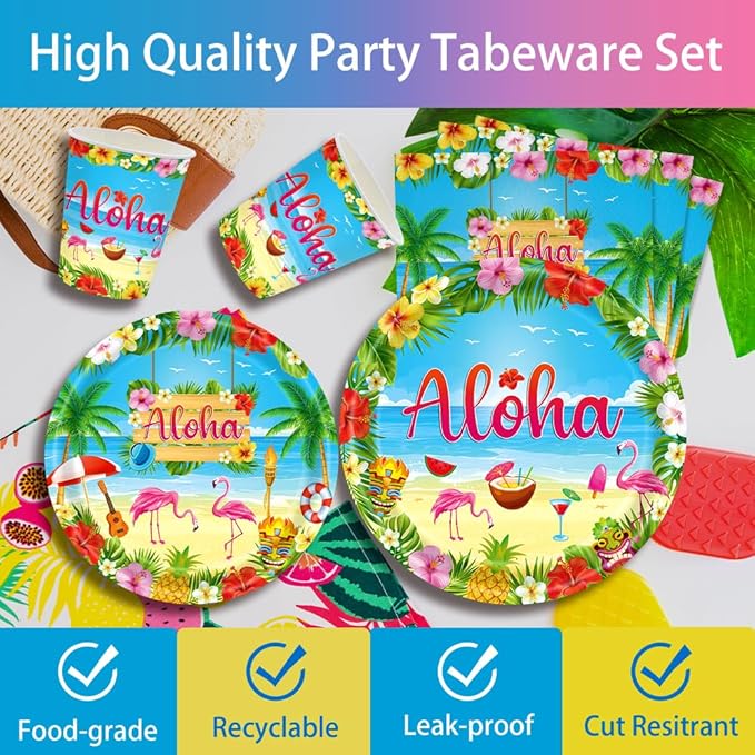 140pcs Luau Party Supplies Party Tableware for Aloha Hawaiian Party Decorations Dinnerware Set Serves 20 + Guests for BBQs & Summer party