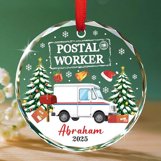 Postal Worker Glass Ornaments, Mail Carrier Christmas Tree Ornament Custom Name, Xmas Holiday Keepsake Gifts for Mailman Postman, Personalized Merry Christmas Postal Worker Ornament Gifts Ideas