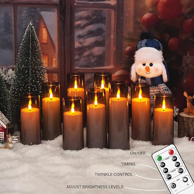 Flickering Flameless Candles Battery Operated with Remote and 2/4/6/8 H Timer Plexiglass Led Pillar Candles Pack of 9 (D2.3 xH 6" 7" 8") with Realistic Moving Wick Candles for Home Decor(Grey)