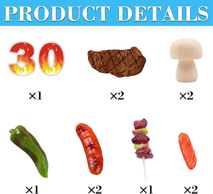 9 PCS BBQ Cake Topper Happy 30 Birthday Barbecue Decorations with Artificial Kebab and Hot Dog for Boys Girls Birthday Party Picnic Camping BBQ Theme Party Supplies