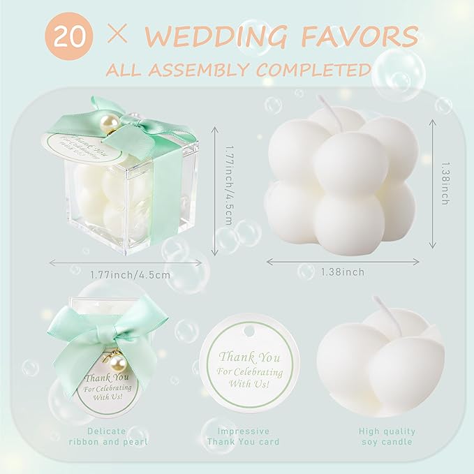 20 Pcs Small Bubble Candles Elegant Party Favors Bulk Set with Decorative Ribbons Thank You Cards for Bridal Shower Guest Gifts (20, Green)