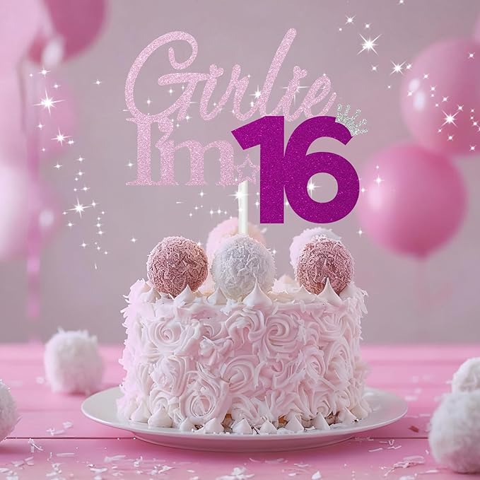 Girlie I'm 16 Cake Topper, 16th Birthday Decorations for Girl, Glitter Funny 16th Birthday Cake Topper, Girlie 16 Year Old Birthday Party Decoration Supplies