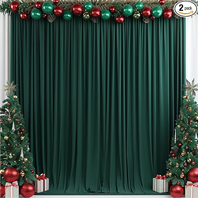 10x10ft Wrinkle Free Hunter Green Backdrop Curtain for Parties Soft Fabric Drapes Wedding Dark Green Curtain Backdrop for Birthday Party Decorations Background for Photography 5x10ft,2 Panels