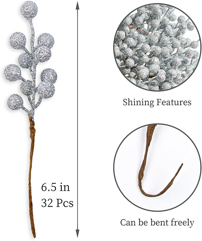 VioletEverGarden 32 Pack Glitter Christmas Picks 6.5 Inch Christmas Berry Stems Silver Artificial Berry Stems for Holiday Xmas Tree Home Decorations