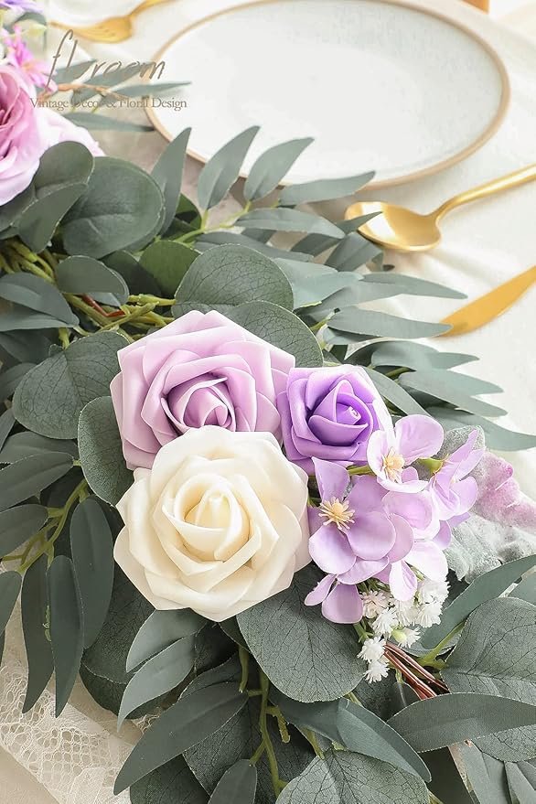 Floroom 6ft Artificial Eucalyptus Garland with Flowers Fake Greenery Faux Floral Vine Garland for Table Decor Wedding Centerpieces Bridal Shower Party Decorations, Lilac & Lavender