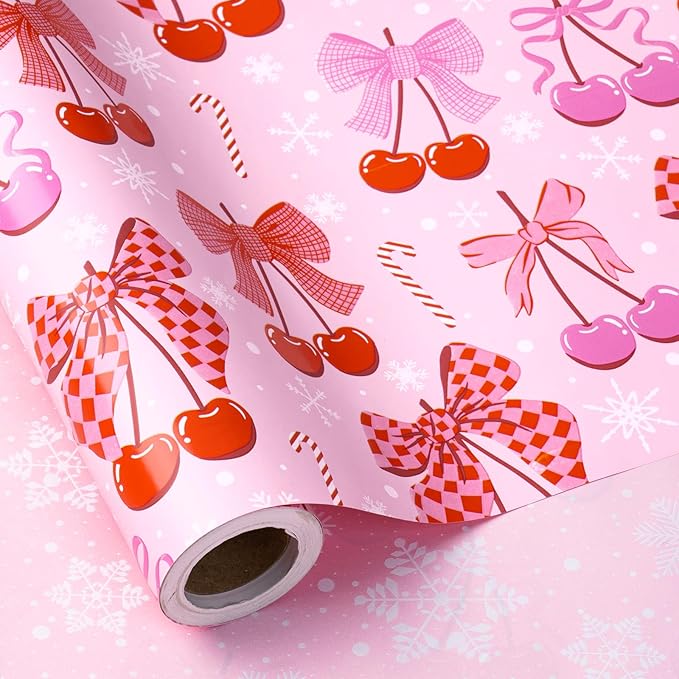 RUSPEPA Reversible Christmas Bow Wrapping Paper Roll, Mini Roll, Pink Romantic Cherry Bow and Candy Cane Design, White Snowflake Gift Wrap Paper for Girls, Women, Holiday Gifts, 17 Inches x 32.8 Feet