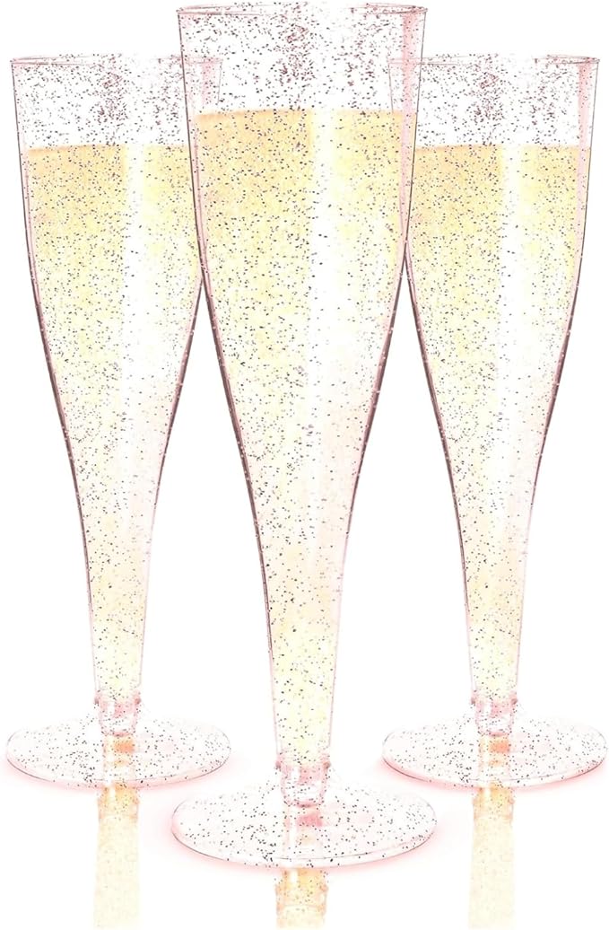 Prestee 24 Piece Plastic Champagne Flutes - 4.5 oz Plastic Wine Glasses with Rose Gold Glitter - Cocktail Glasses for Parties - Party Supplies for Mimosa Bar, Wedding, Shower Party and New Years Eve