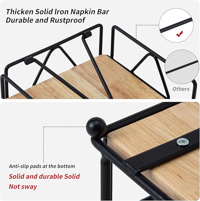 Square Napkin Holder - Durable Table Napkin Dispenser with Weighted Arm, Metal Napkin Storage with Wooden Base, Farmhouse Napkin Holder for Table, Kitchen and Countertops (Black)