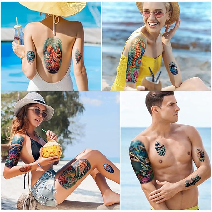 77 Sheets Temporary Tattoo for Women and Men, 17 Sheets Half Arm Shark Dolphin Jellyfish Turtle Fish Fake Tattoos, 60 Sheets Beach Ocean Tiny for Adults Kids Body Tattoos Stickers Waterproof Realistic