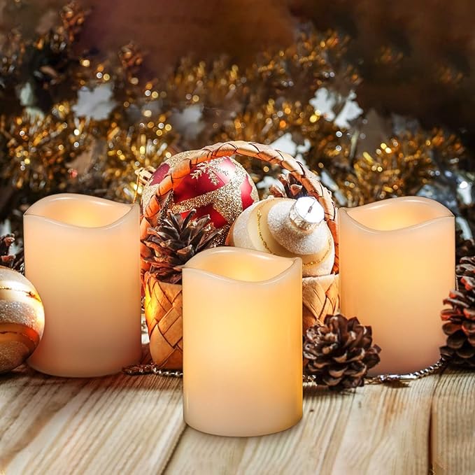 Flameless Candles Battery Operated Pillar Real Wax Flickering Electric LED Candle Gift Sets with Remote Control Cycling 24 Hours Timer, Pack of 6 (3" D x 4" H, Ivory)